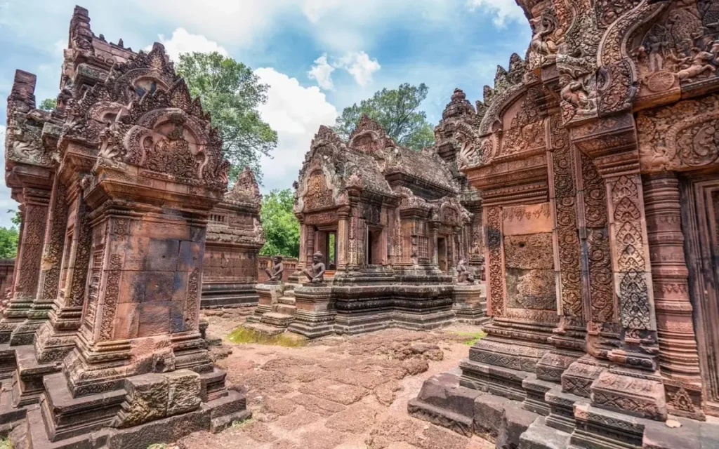 Banteay Srei temple near Siem Reap, Cambodia, famous for its intricate pink sandstone carvings.