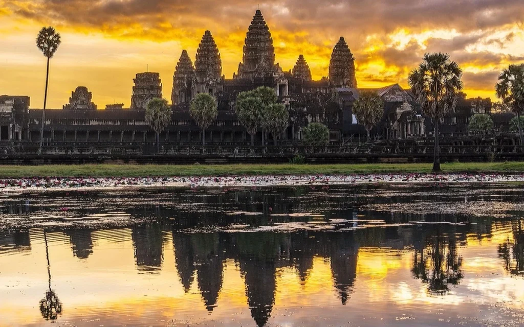 Angkor Wat temple complex in Siem Reap, Cambodia, featuring ancient Khmer architecture.
